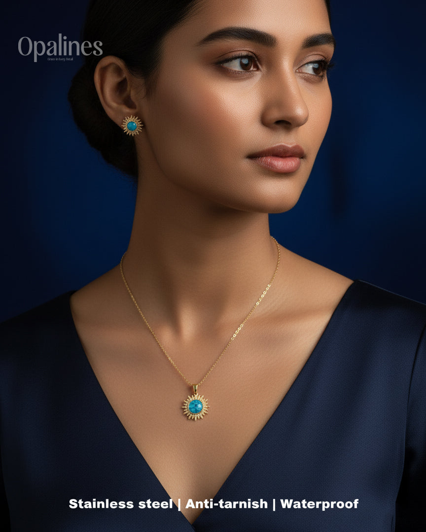 "Sparkle like the sun-stunning gold necklace and earrings