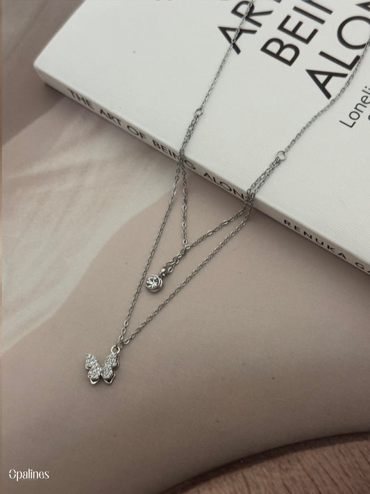 Elegant Silver-Toned Layered Butterfly Pendant Necklace