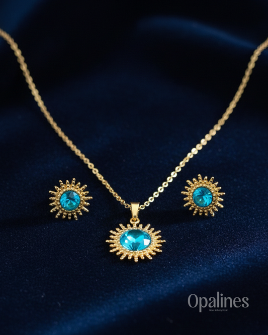 "Sparkle like the sun-stunning gold necklace and earrings